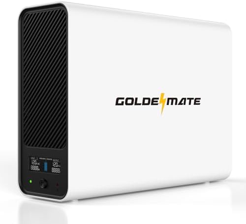 GOLDENMATE 1000VA lithium UPS battery backup and surge protector in white, showing the compact rectangular design and ports.