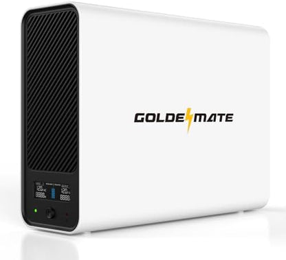 GOLDENMATE 1000VA lithium UPS battery backup and surge protector in white, showing the compact rectangular design and ports.