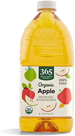 Organic apple juice bottle from 365 by Whole Foods Market, 64 fl oz, clear label and golden apple juice inside