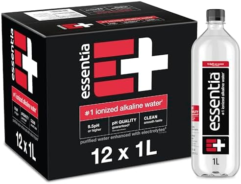 Essentia Ionized Alkaline Water bottles, 12-pack, 1L each, with 9.5+ pH and 99.9% purity, clear water in plastic bottles