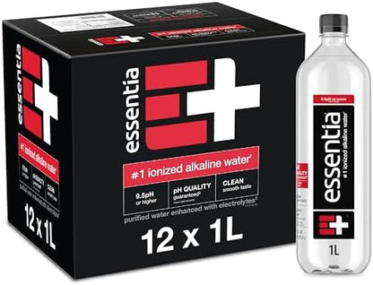 Essentia Ionized Alkaline Water bottles, 12-pack, 1L each, with 9.5+ pH and 99.9% purity, clear water in plastic bottles