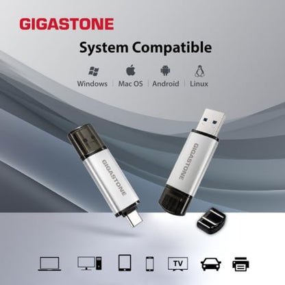 Gigastone 64GB dual USB flash drive 10-pack with USB Type-C and Type-A, high-speed, cap design, compatible with smartphones, PC, Mac, TV