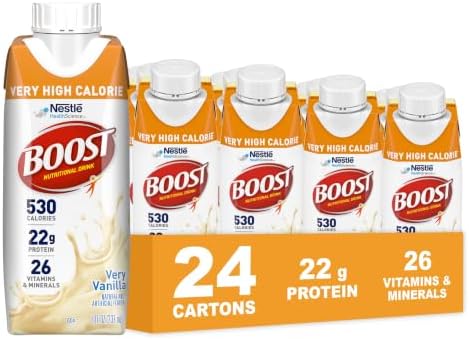 Boost Very High Calorie Protein Nutritional Drink in Very Vanilla flavor, 8 fl oz bottles, 24-pack, ideal for nutritional support