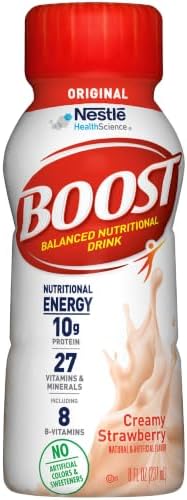 Boost Original Nutritional Drink in creamy strawberry flavor, 8-ounce bottles, pack of 24, with colorful label and bottles.
