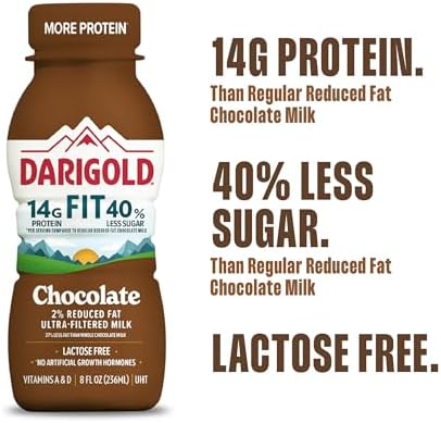 Darigold FIT lactose-free chocolate milk bottle with 14g protein, low fat, and reduced sugar in an 8oz bottle.