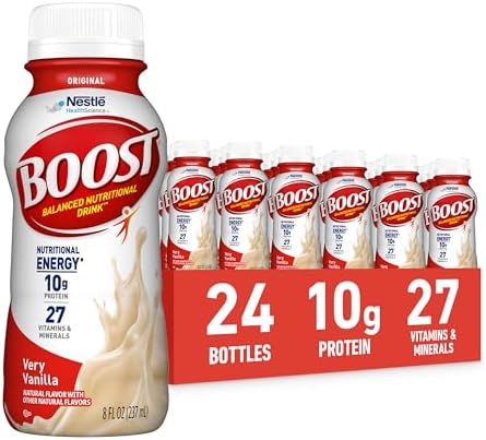 Boost Original Nutritional Shake in Very Vanilla flavor, ready-to-drink nutritional beverage, 24-pack, with creamy vanilla taste.