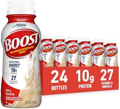 Boost Original Nutritional Shake in Very Vanilla flavor, ready-to-drink nutritional beverage, 24-pack, with creamy vanilla taste.