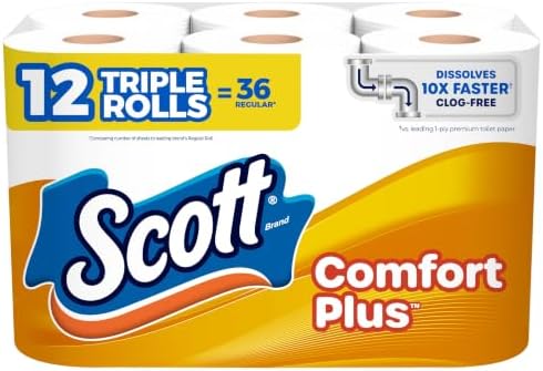 Scott ComfortPlus toilet paper, 12 triple rolls with 231 sheets per roll, septic-safe, 1-ply tissue, shown in packaging.