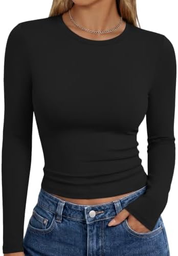 Trendy Queen women's long sleeve T-shirt with fall fashion Y2K style, basic casual top, black fabric, and fitted design.