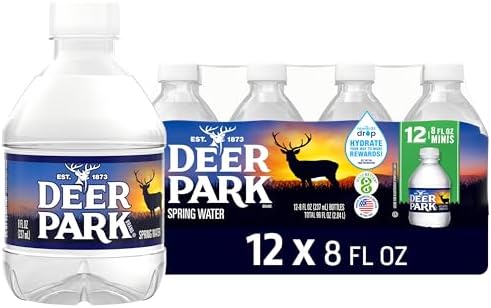 Deer Park natural spring bottled water in 8 fl oz mini bottles, 12-pack, showing clear water in plastic bottles.