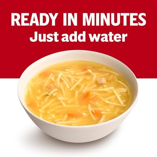 Campbell's Homestyle Chicken Noodle Soup 10.5 oz can, pack of 12, featuring noodles, chicken, and vegetables in a traditional soup.