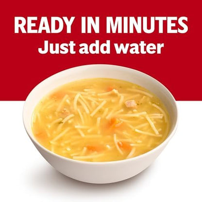 Campbell's Homestyle Chicken Noodle Soup 10.5 oz can, pack of 12, featuring noodles, chicken, and vegetables in a traditional soup.