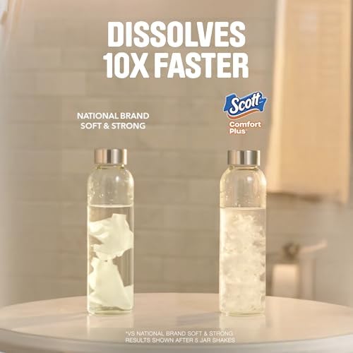 Scott ComfortPlus toilet paper, 12 triple rolls with 231 sheets per roll, septic-safe, 1-ply toilet tissue in a clean roll image.
