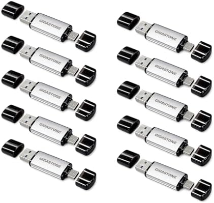 Gigastone 64GB dual USB flash drives with USB Type-C and Type-A connectors, high-speed, head cap design, 10-pack for smartphones and PCs.