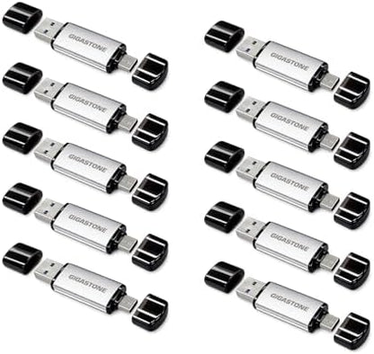 Gigastone 64GB dual USB flash drives with USB Type-C and Type-A connectors, high-speed, head cap design, 10-pack for smartphones and PCs.