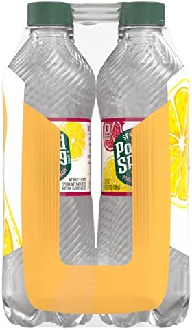 Poland Spring sparkling water bottles with pomegranate lemonade flavor, 16.9 oz, pack of 8, showcasing the colorful beverage inside