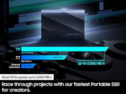 Samsung T9 Portable SSD 2TB by BACKUPMYFILESNOW® showing the sleek external USB 3.2 Gen 2x2 drive with compact design