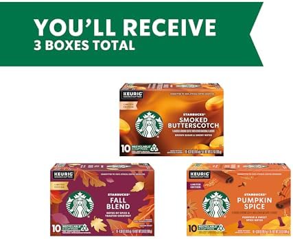 Starbucks K-Cup coffee pods fall bundle with medium roast and natural flavors for Keurig brewers, 3 boxes, 30 pods total.