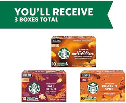 Starbucks K-Cup coffee pods fall bundle with medium roast and natural flavors for Keurig brewers, 3 boxes, 30 pods total.
