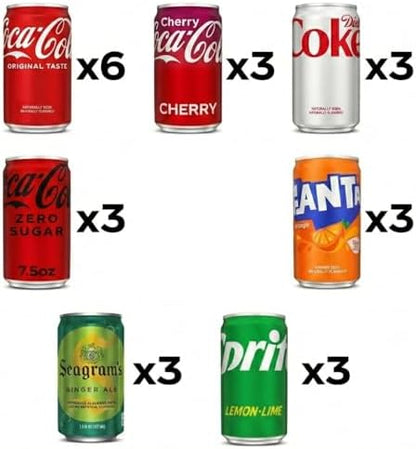 Coca-Cola soda variety pack with 24 assorted mini cans including Coke, Cherry Coke, Diet Coke, Coke Zero, Fanta Orange, Sprite, and Ginger Ale
