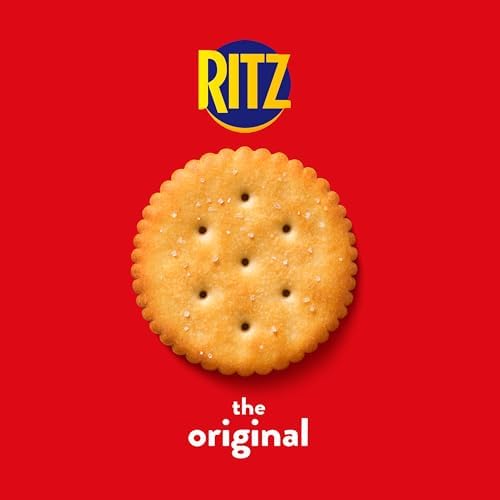 Ritz Fresh Stacks Original Crackers in party size, 16 multi snack packs, showing stacked snack crackers in a clear container.