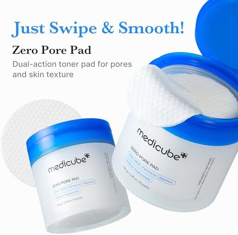 Medicube Zero Pore Pad 2.0 toner pads for exfoliation and pore care, displayed in a clear container with product packaging.