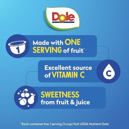 Dole fruit snack cups featuring diced peaches, mandarin oranges, and cherry mixed fruit in 4 oz containers.