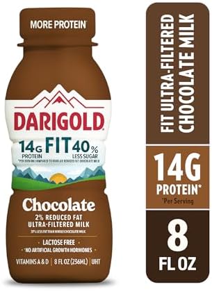 Darigold Fit lactose-free chocolate milk in 8oz bottles, low fat, 14g protein, and 40% less sugar, 18-pack, container front view.