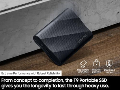 Samsung T9 Portable SSD 2TB external drive with USB 3.2 Gen 2x2 connector and sleek black design.