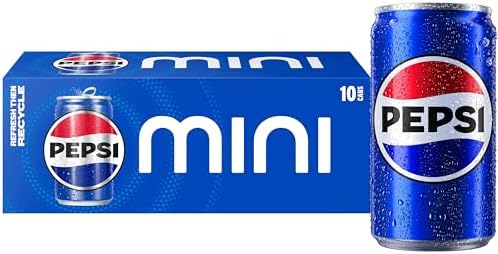 Pack of 10 BACKUPMYFILESNOW® Pepsi Cola soda mini cans, 7.5 fl oz each, with classic Pepsi branding and colorful label designs.