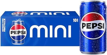 Pack of 10 BACKUPMYFILESNOW® Pepsi Cola soda mini cans, 7.5 fl oz each, with classic Pepsi branding and colorful label designs.