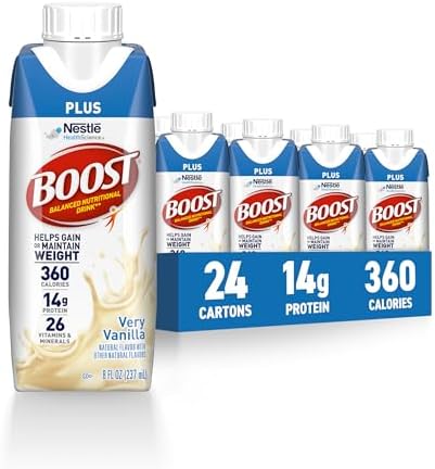 BOOST Plus Very Vanilla protein drink, ready-to-drink nutritional beverage in a 24-pack, with creamy vanilla flavor and convenient packaging.