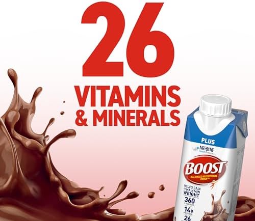 Boost Plus Rich Chocolate protein drink in a 24-pack, ready-to-drink nutritional beverage with chocolate flavor.