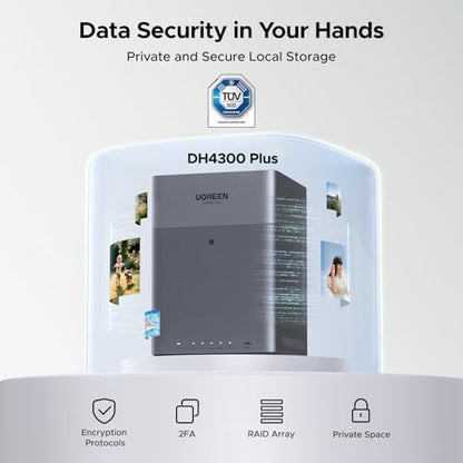 UGREEN NAS DH4300 Plus 4-Bay NAS enclosure with drives, ideal for home users and remote workers, shown with open front panel.