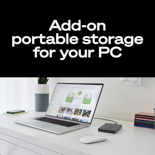 Seagate Portable 1TB external hard drive in black with USB 3.0 port, suitable for PC, Mac, PlayStation, and Xbox.