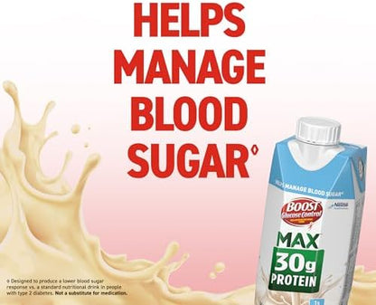 BOOST Glucose Control Max vanilla protein drink, 11 fl oz bottles, pack of 24, with 30g protein, in varied packaging.