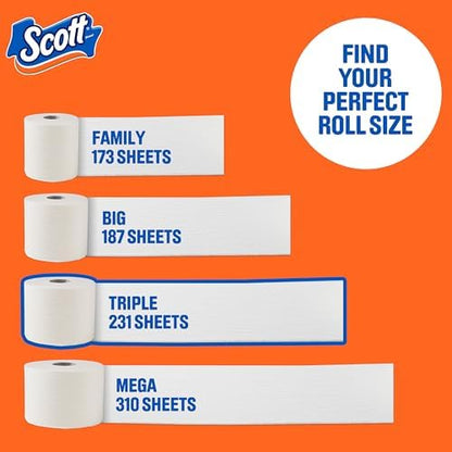 Scott ComfortPlus toilet paper, 12 triple rolls with 231 sheets per roll, septic-safe, 1-ply toilet tissue.