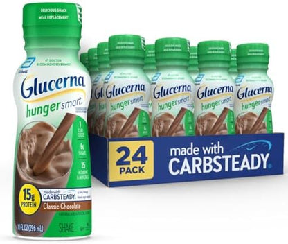 Glucerna Hunger Smart diabetes nutrition shake in a glass, showing creamy texture and chocolate flavor for blood sugar support.