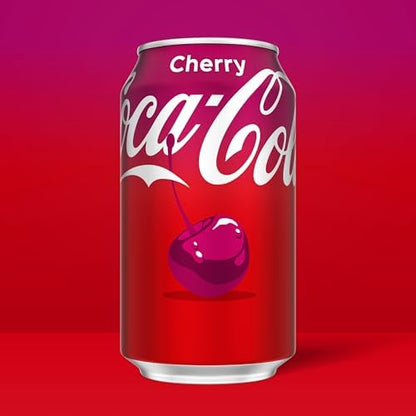 Coca-Cola Cherry soda soft drink cans, 12 fl oz, 12-pack, featuring classic Coca-Cola branding and cherry flavor design.