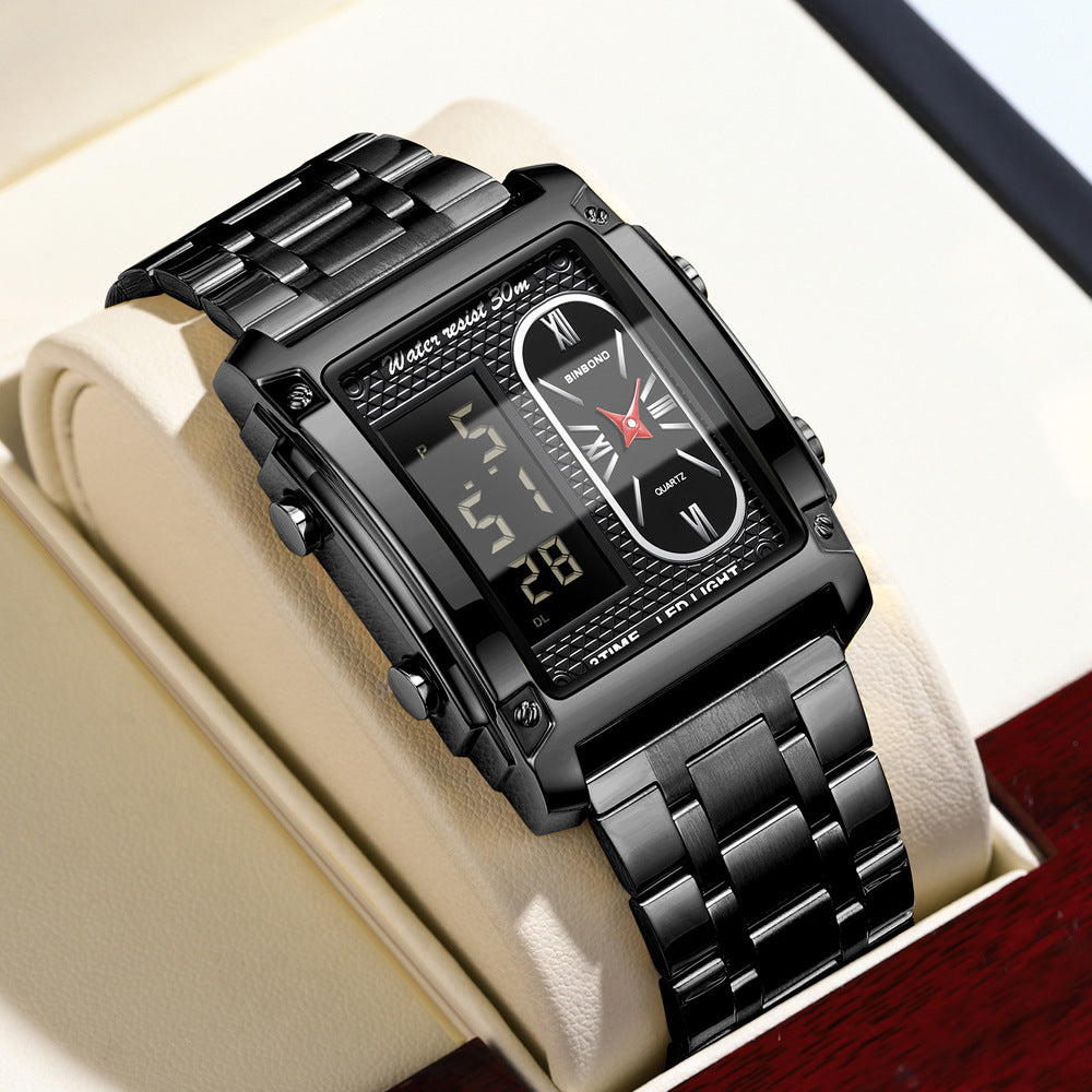 Men's creative steel belt electronic watch with double inserts, multifunction display, and waterproof design