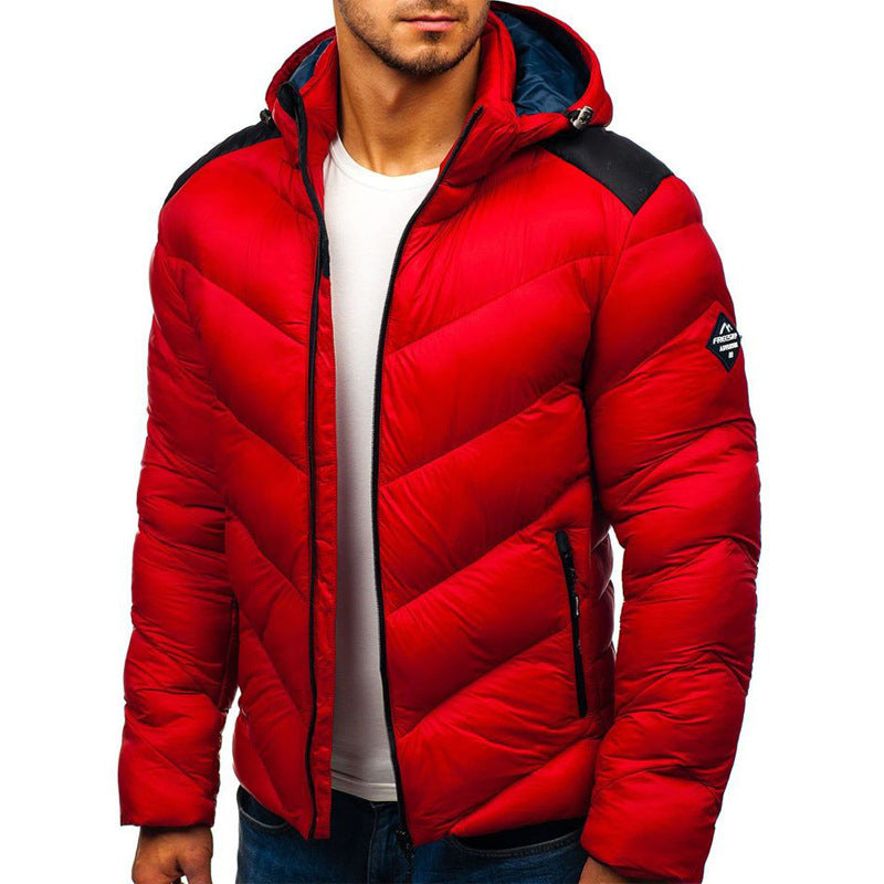 Warm hooded jacket in a neutral color with a front zipper and long sleeves