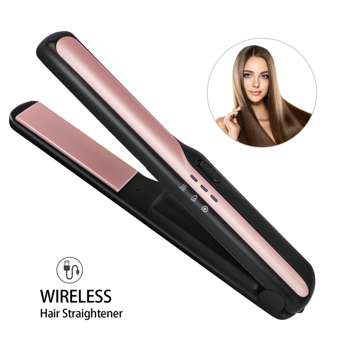USB wireless charging hair straightener with sleek design and ceramic plates for cordless styling