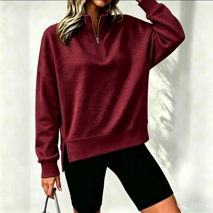 Women's casual drop-shoulder pullover with side-seam slits in a relaxed fit
