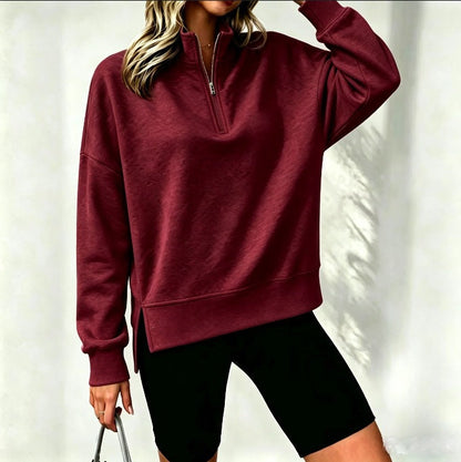 Women's casual drop-shoulder pullover with side-seam slits in a relaxed fit