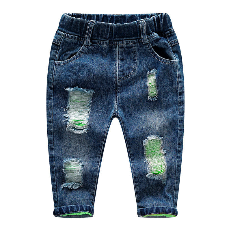 Children's ripped denim pants for boys, casual blue jeans with distressed details