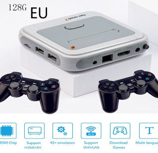 Portable HD wireless game emulator arcade host with built-in controls and colorful retro game interface