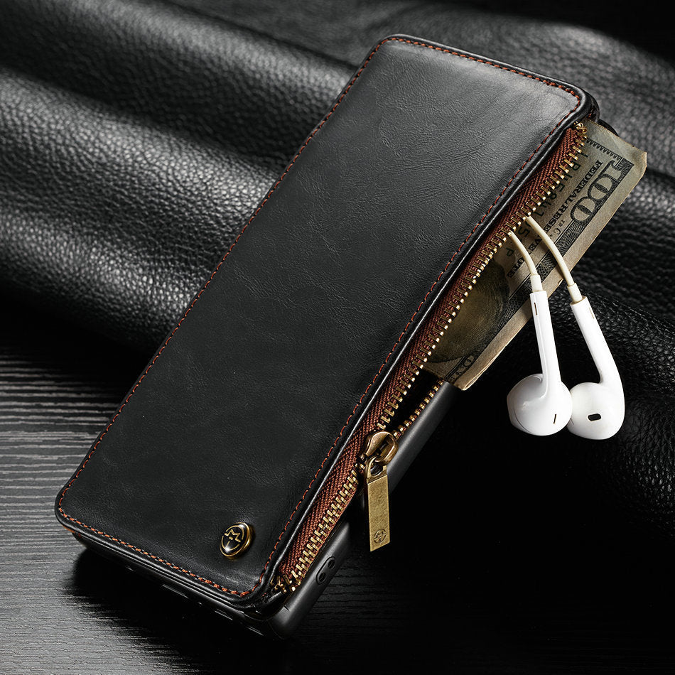 Leather flip phone case with fold-over cover shown in brown leather finish