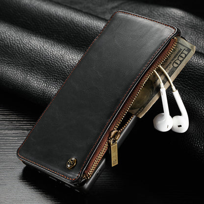 Leather flip phone case with fold-over cover shown in brown leather finish