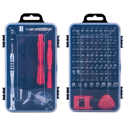 112-in-1 screwdriver set with assorted precision bits and tools displayed in a storage case
