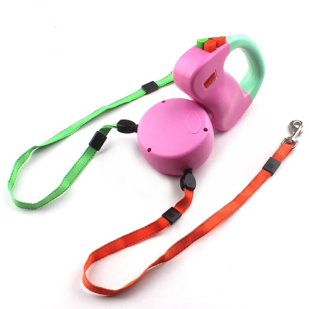 Retractable dual pet dog walking leash with two extendable leads and ergonomic handle